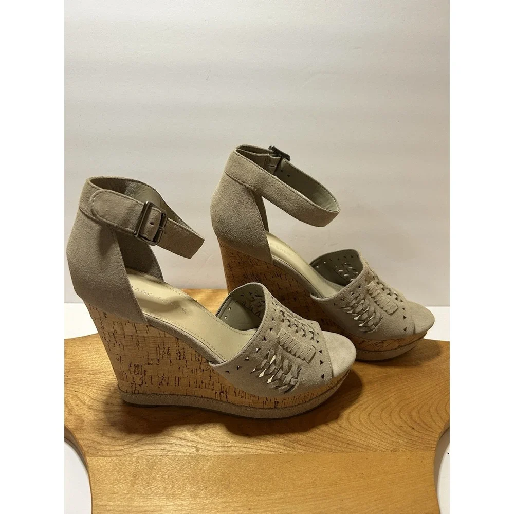 Marc Fisher Hillana Natural Suede Ankle Strap Wedge Cork Platform Heel Women's 9